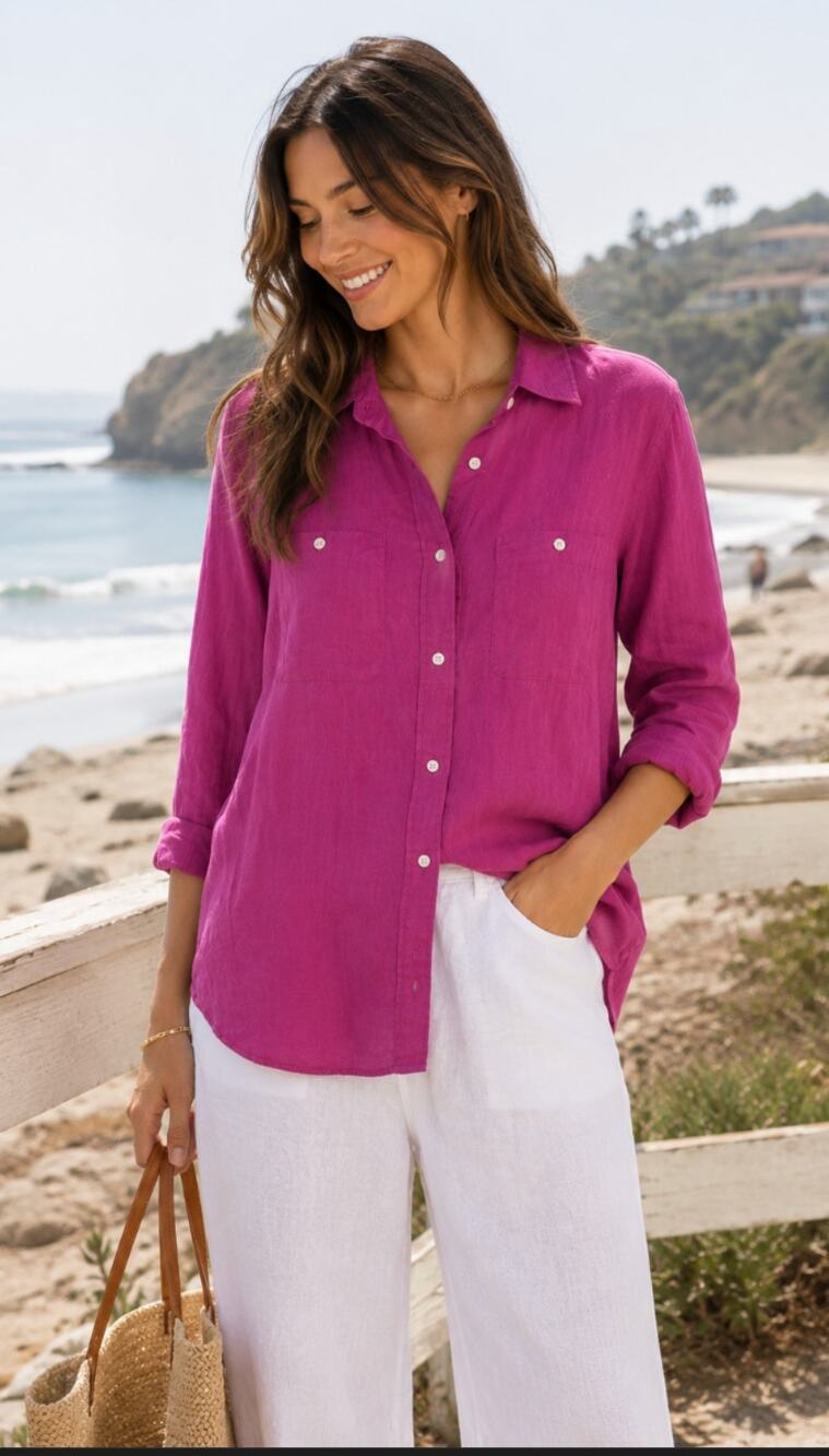 NWT Fuschia Lauren Ralph Lauren Linen Button Front Blouse XL Coastal Grandma